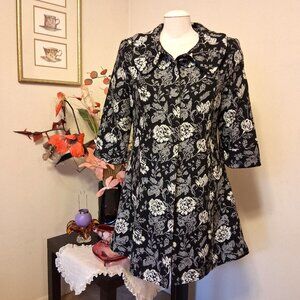 NEW Women’s Elegant Pea Coat Black White Floral Lined Trench Coat ¾ Sleeve 16 XL